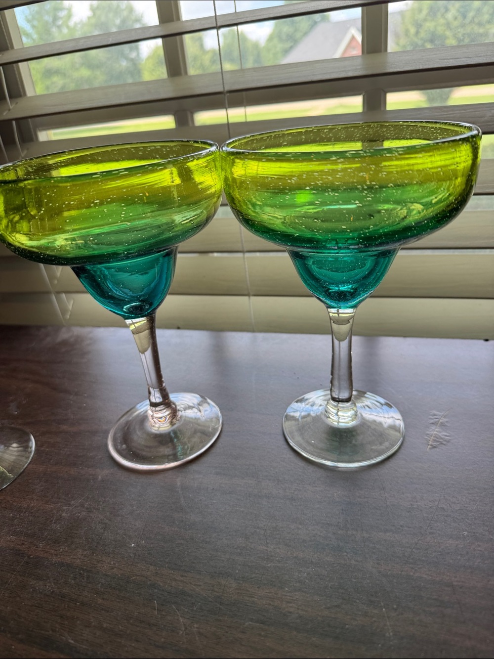 Set of 4 Green and Teal Handblown Margarita Glasses